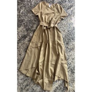 Eien Tan Round Neck Asymmetrical Hem Dress with Belt Sz Small Pockets